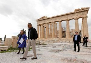 U.S. President Barack Obama tours the Parthenon at the Acropolis with Dr. Eleni Banou from the Ministry of Culture in Athens, Greece November 16, 2016. REUTERS/Kevin Lamarque