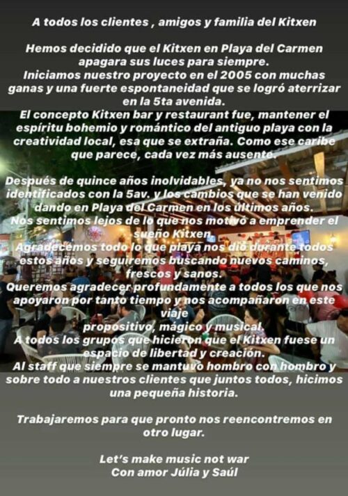 Saúl Hernández anuncia el cierre definitivo del bar Kitxen tras 15 años en  Playa del Carmen - La Pancarta de Quintana Roo