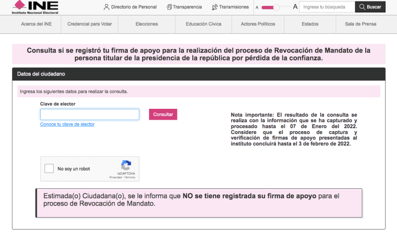 Muestra para consulta de firmas de Revocación de Mandato. Gráfico de INE
