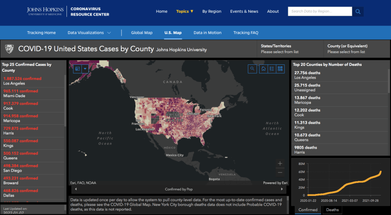 Registro de casos de COVID-19 en Estados Unidos. Gráfico de Johns Hopkins