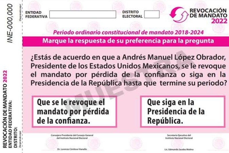 La boleta de la Revocación de Mandato. Foto: INE.