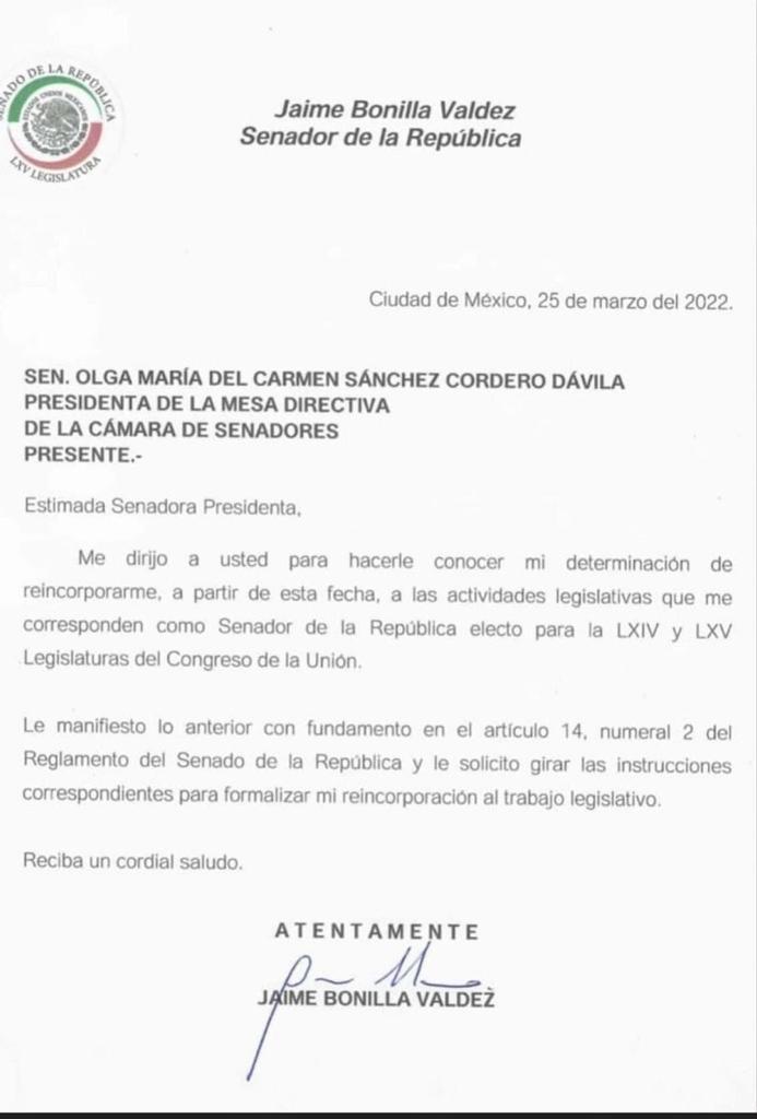 Solicitud formal de Jaime Bonilla para regresar a sus funciones como legislador. Foto Especial
