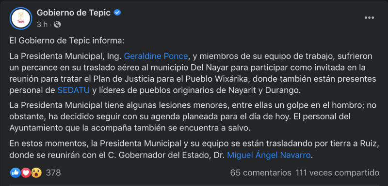 El comunicado del Gobierno de Tepic, sobre el accidente de avioneta donde viajaba la alcaldesa, Geraldine Ponce.