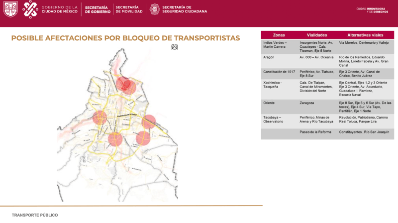 Puntos de afectaciones por transportistas en la Ciudad de México. Gráfico de Gobierno de la Ciudad de México