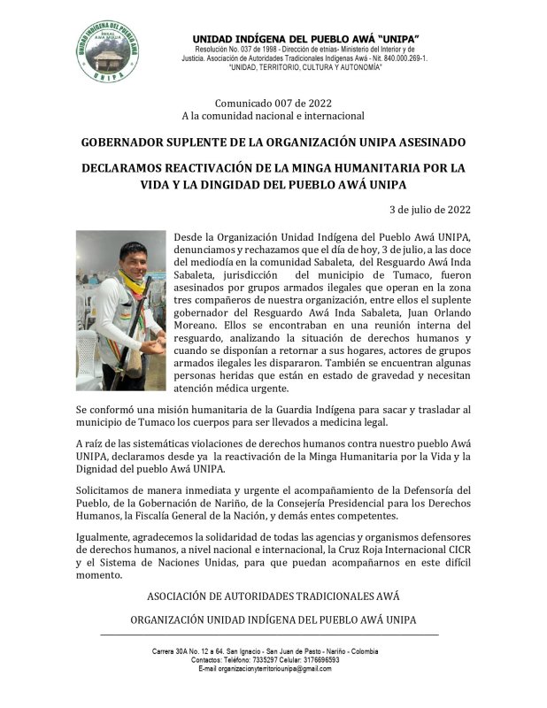 Denuncian el asesinato de tres indígenas en el suroeste de Colombia
