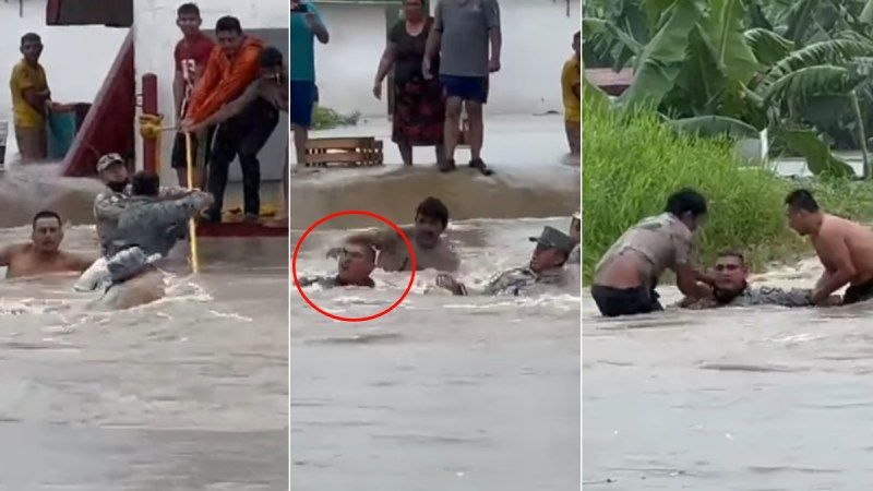 Habitantes de Teapa, Tabasco, auxilian a elemento de la GN arrastrado por corriente