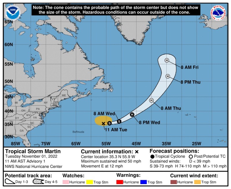 Imagen cedida por la Oficina Nacional de Administración Oceánica y Atmosférica (NOAA) a través del Centro Nacional de Huracanes (NHC) donde se muestra el pronóstico de cinco días de la trayectoria de la tormenta tropical Lisa y Martin por el Atlántico. Foto de EFE/NOAA-NHC