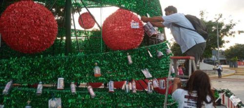 Madres buscadoras colocan más fichas de búsqueda en el árbol de Navidad del Ayuntamiento de Benito Juárez