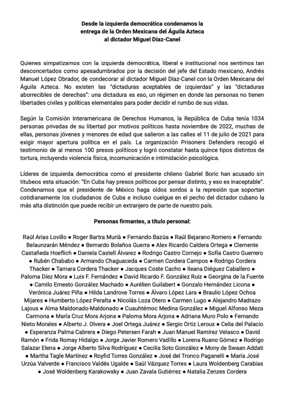 Izquierdistas critican condecoración a Díaz-Canel con Orden del Águila Azteca - critica-de-la-izquierda-democratica-a-condecoracion-a-diaz-canel-726x1024