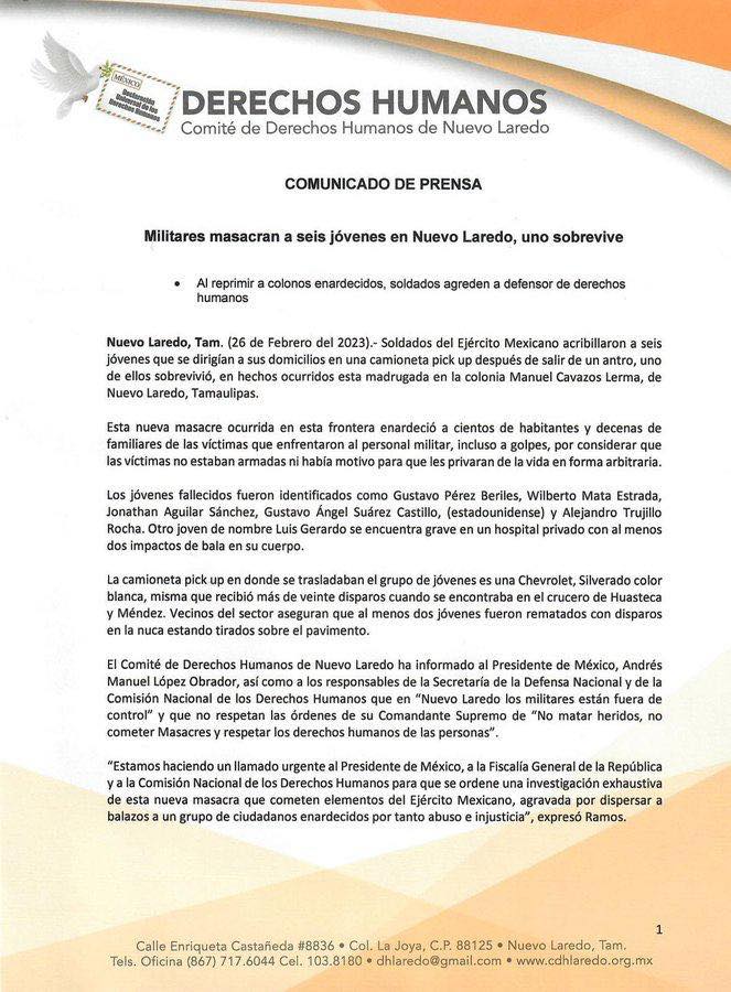 Sedena investiga presunta implicación de militares en muerte de jóvenes en Nuevo Laredo - comunicado-cdh-nuevo-laredo