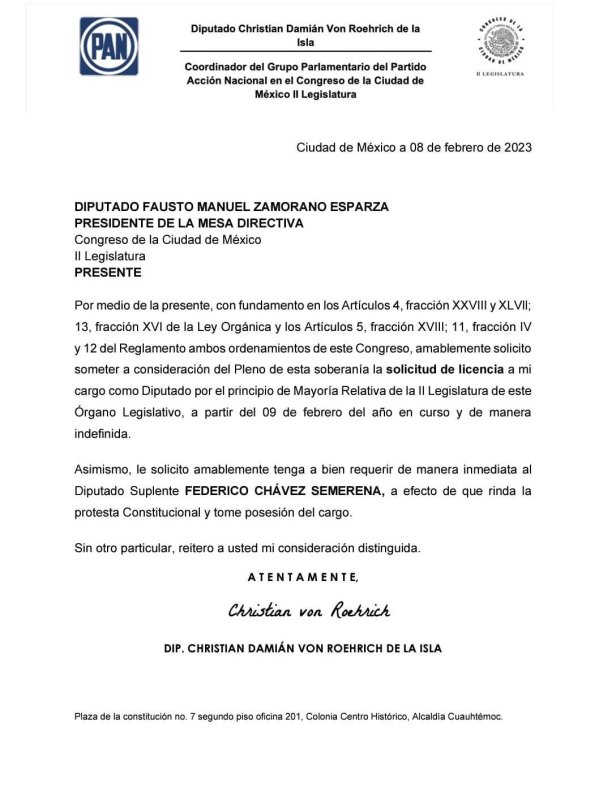 Von Roehrich pide licencia indefinida como diputado ante señalamientos por 'cártel inmobiliario' - solicitud-de-licencia-de-von-roehrich-766x1024