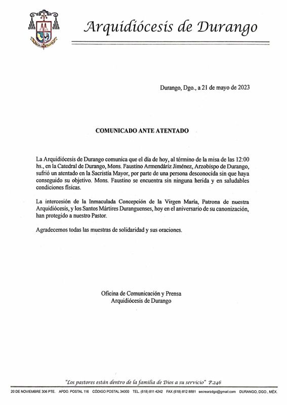 Atentan contra el arzobispo de Durango, Faustino Armendáriz Jiménez; se encuentra ileso - whatsapp-image-2023-05-21-at-210040-726x1024