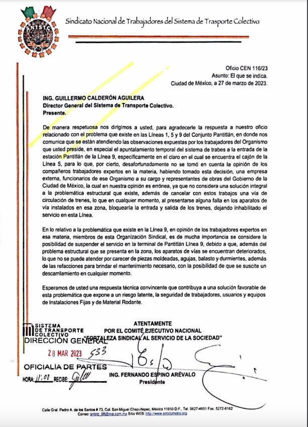 Sindicato del Metro pide cerrar terminal de Pantitlán por riesgo estructural - carta-sindicato-metro-pantitlan