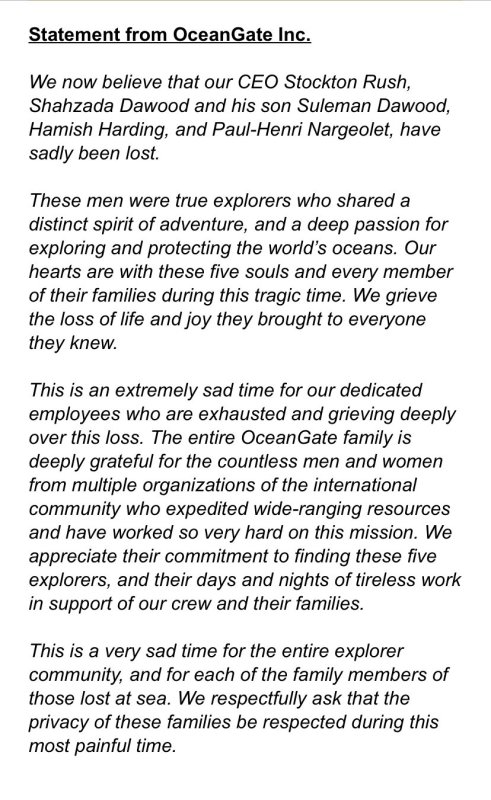 Compañía confirma muerte de tripulantes del submarino Titán - comunicado-de-oceangate-sobre-muerte-de-tripulantes-del-submarino-titan-628x1024