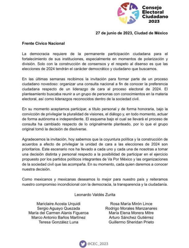 Frente Cívico Nacional disuelve Consejo Electoral que organizaría primarias de la oposición - comunicado-del-frente-civico-nacional-781x1024