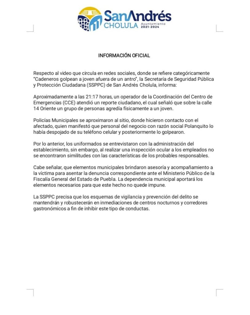 #Video Cadeneros de bar golpean a joven en Cholula - comunicado-seguridad-cholula-814x1024