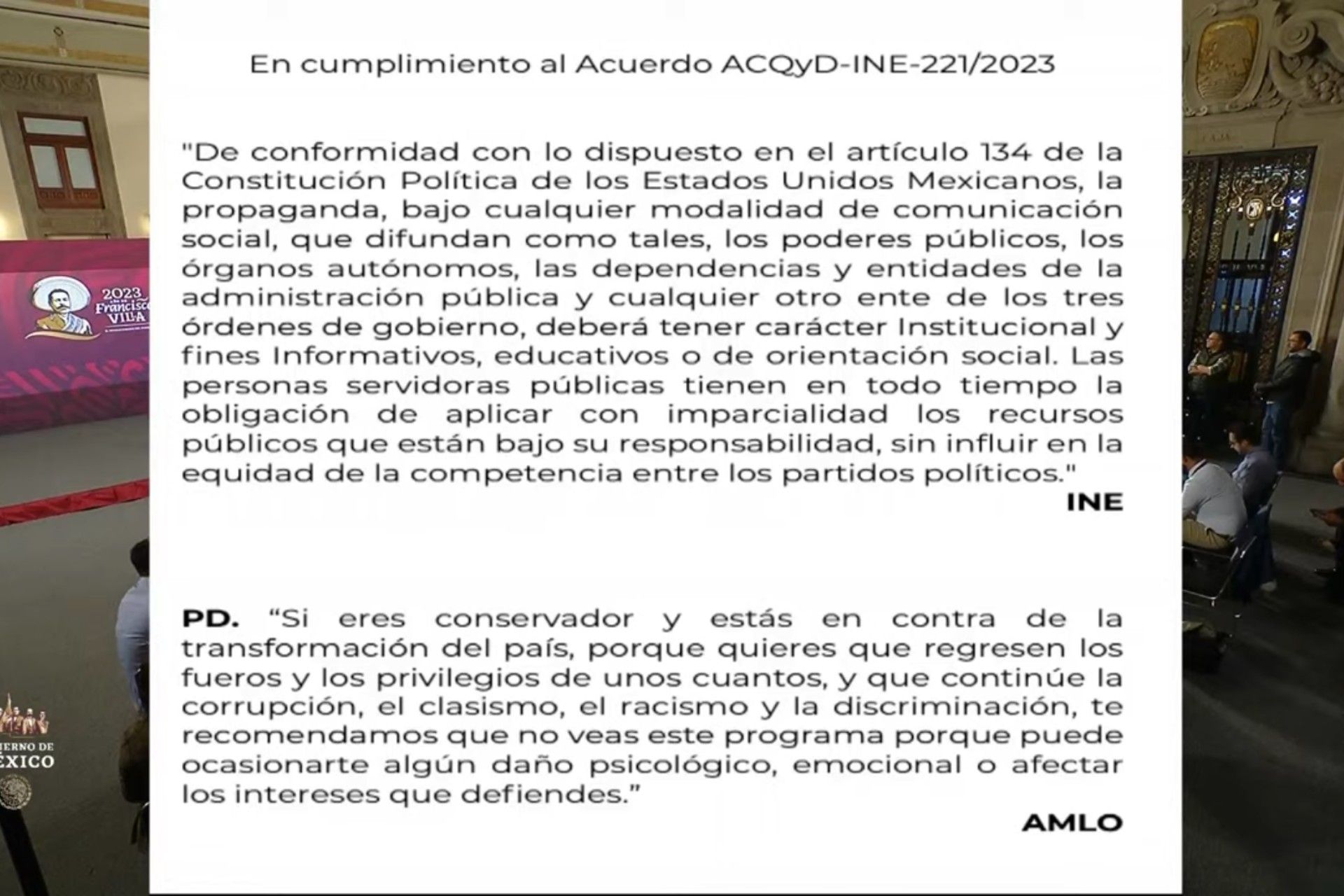 INE ordena eliminar posdata de AMLO en mensaje previo a mañaneras INE ordena eliminar posdata de AMLO en mensaje previo a mañaneras