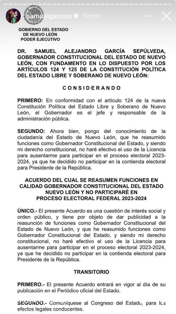 "He decidido no participar en la contienda electoral para presidente": Samuel García - samuel