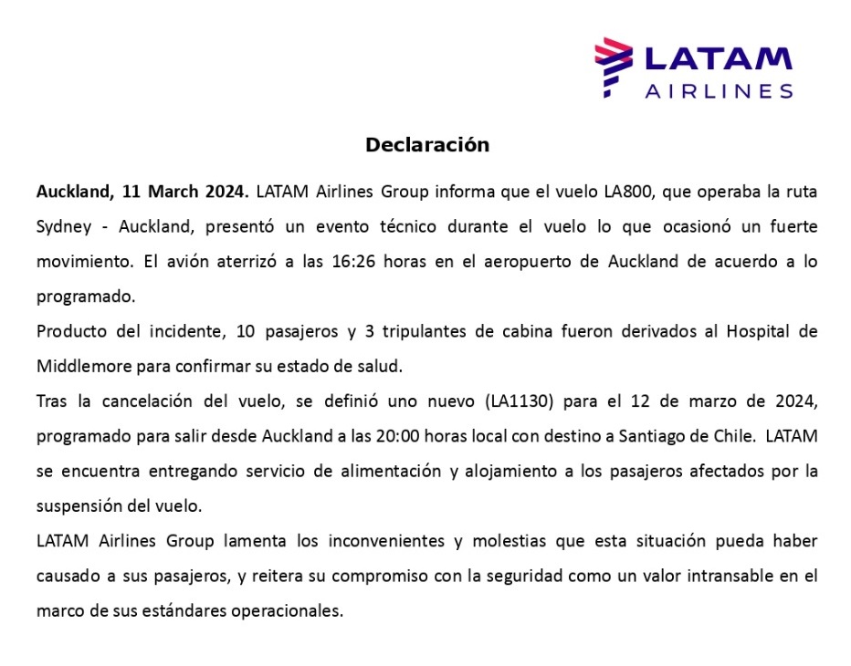 Al menos 50 heridos por una "fuerte sacudida" durante un vuelo de Latam a Nueva Zelanda - comunicado-latam-airlines